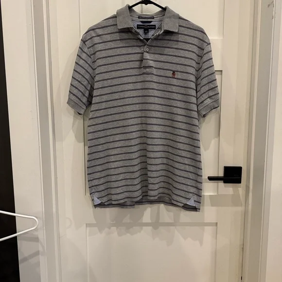 Vintage Tommy Hilfiger Gray and Navy Striped Polo Shirt - Picture 2 of 9